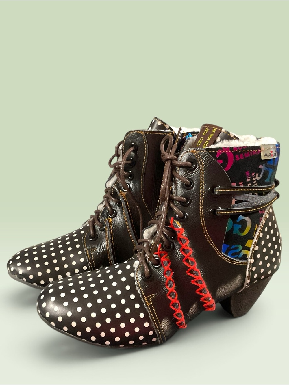 TMA Eyes Polka Dot Lace-Up Ankle Boots with Colorful Accents Women's Size 8